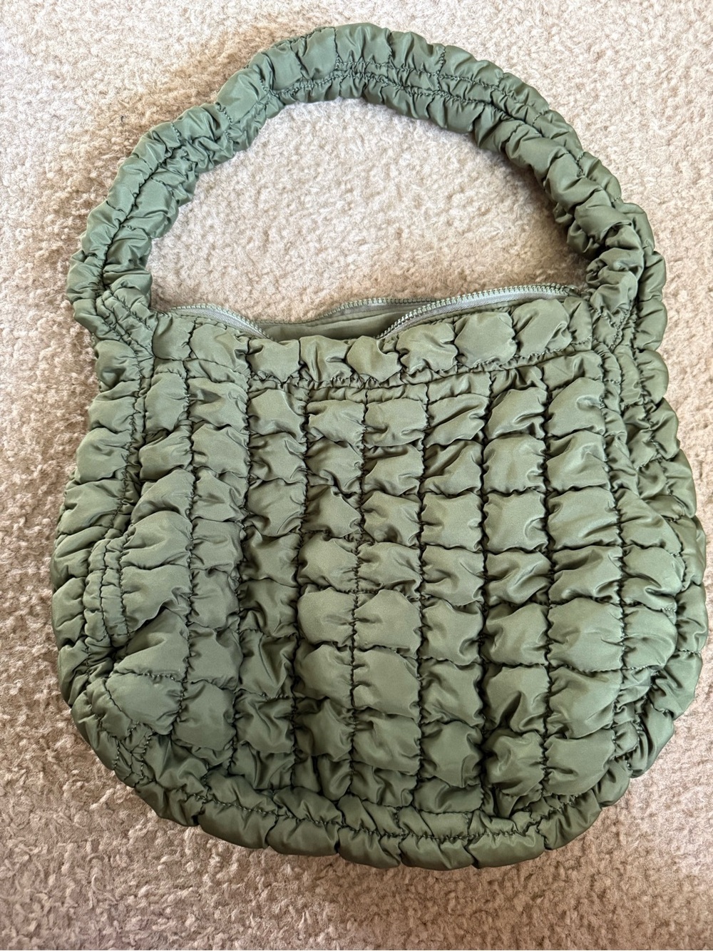 Quilted Olive Shoulder Bag with Ruched Strap
